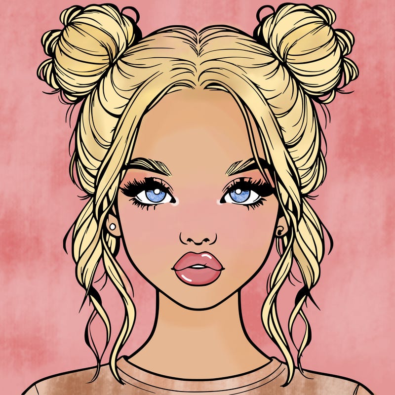 realistic girl with two buns in hair and lips