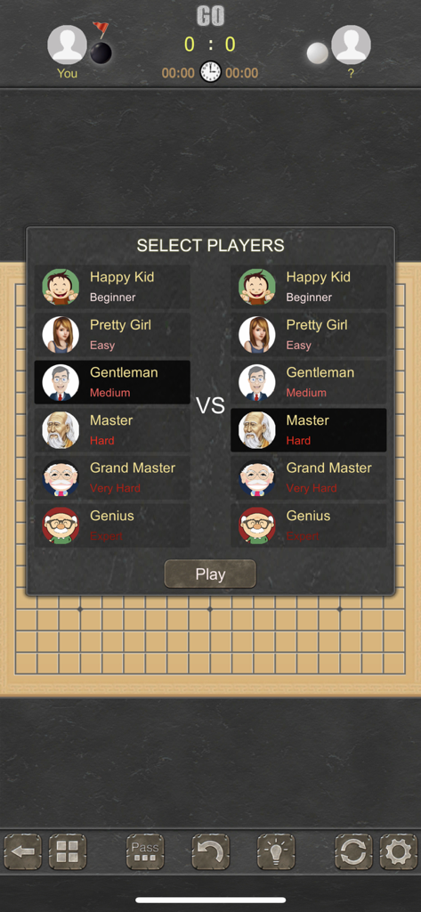 Go Game - 2 Players - Tela do aplicativo Go Game mostrando diferentes níveis de dificuldade de IA e opções de seleção de jogadores