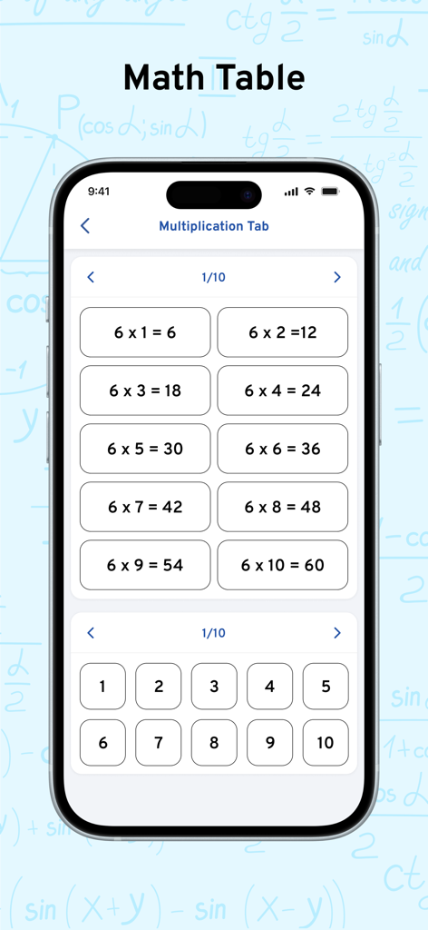 AI Math Scanner: Maths Solver - A mobile app screen showing an interactive multiplication table for the number six