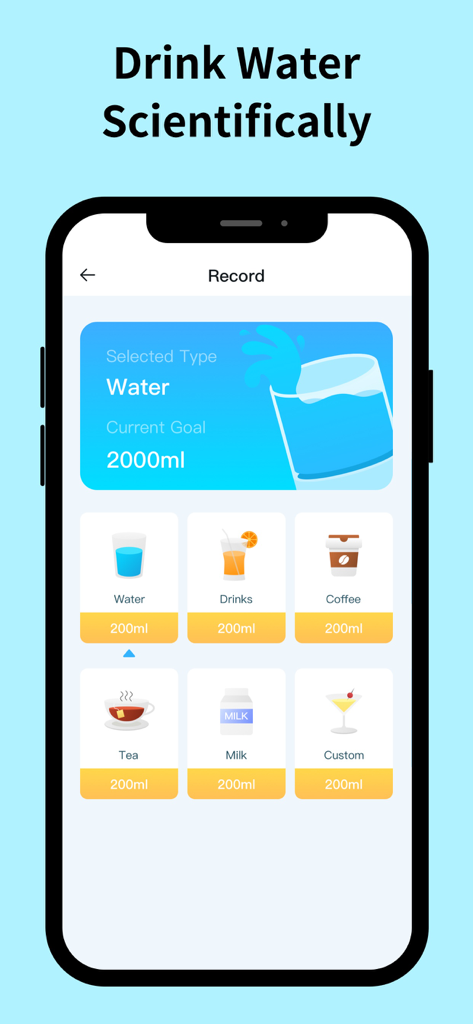 Water Reminder-Tracker - Tela de registro de ingestão de água mostrando tipos de bebidas e progresso da meta diária