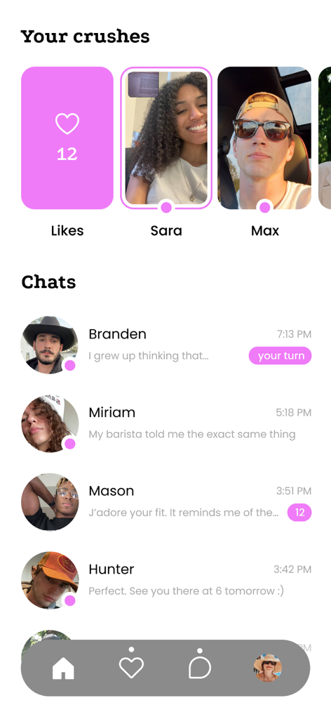 RAW - Date 100% real people - Interface of the RAW dating app displaying a row of potential crushes and a list of active message conversations