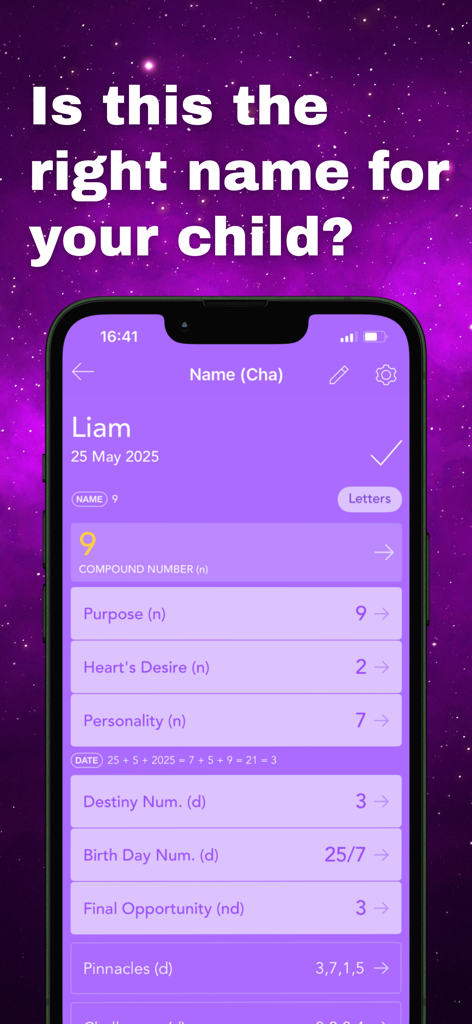Pocket Numerology - Pocket Numerology app interface showing numerological calculations for choosing a child name