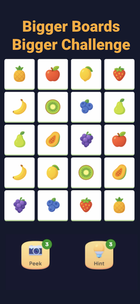 Memory Match: Focus & Recall - A memory match game board featuring a grid of fruit themed cards and gameplay hint buttons