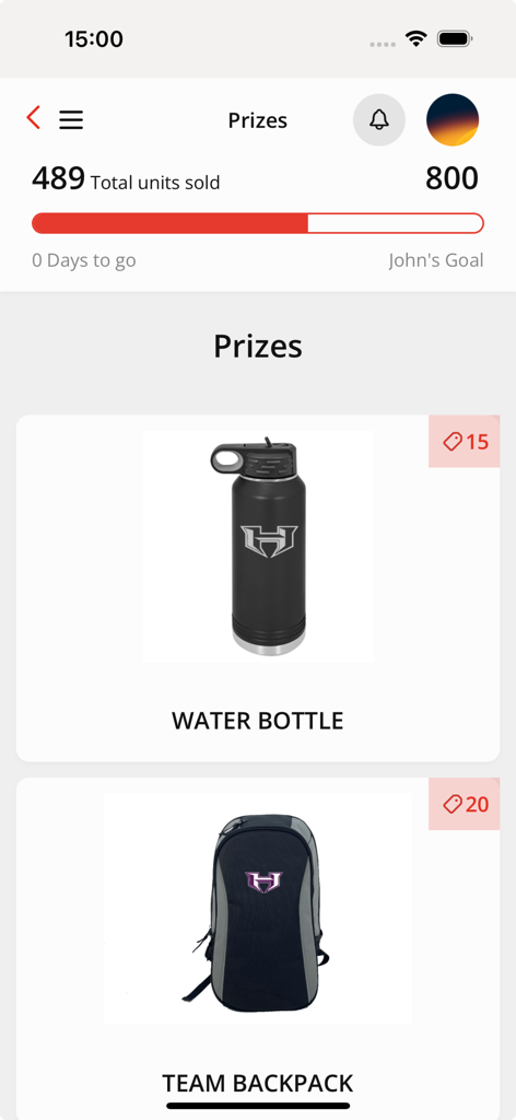 A screen in the RAISE365 app showing fundraising progress toward a goal of 800 units and available prizes including a water bottle and team backpack