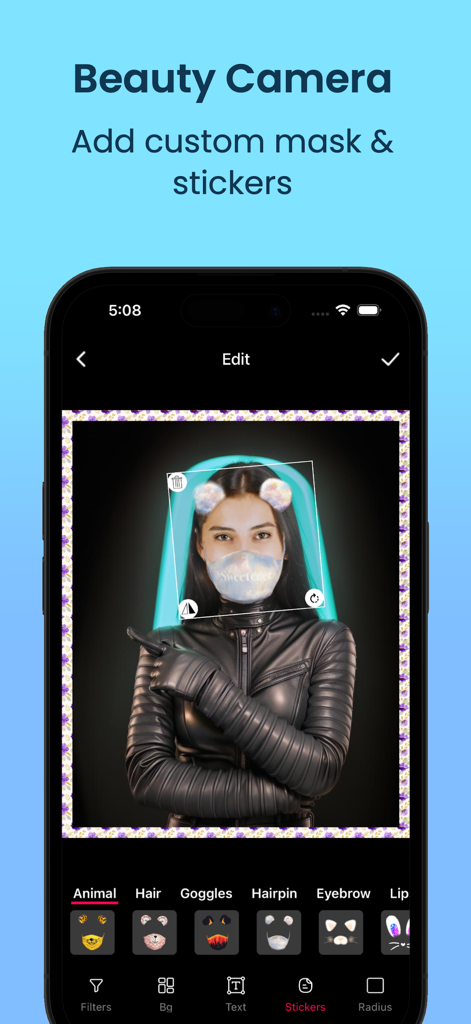 Beauty Camera: Selfie, Sticker - Smartphone screen showing photo editing with custom masks and animal stickers in the Beauty Camera app.