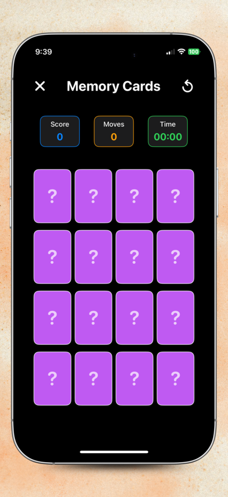 Cheto 8 ball pool - A memory card matching game screen with a grid of purple cards and statistics for score moves and time