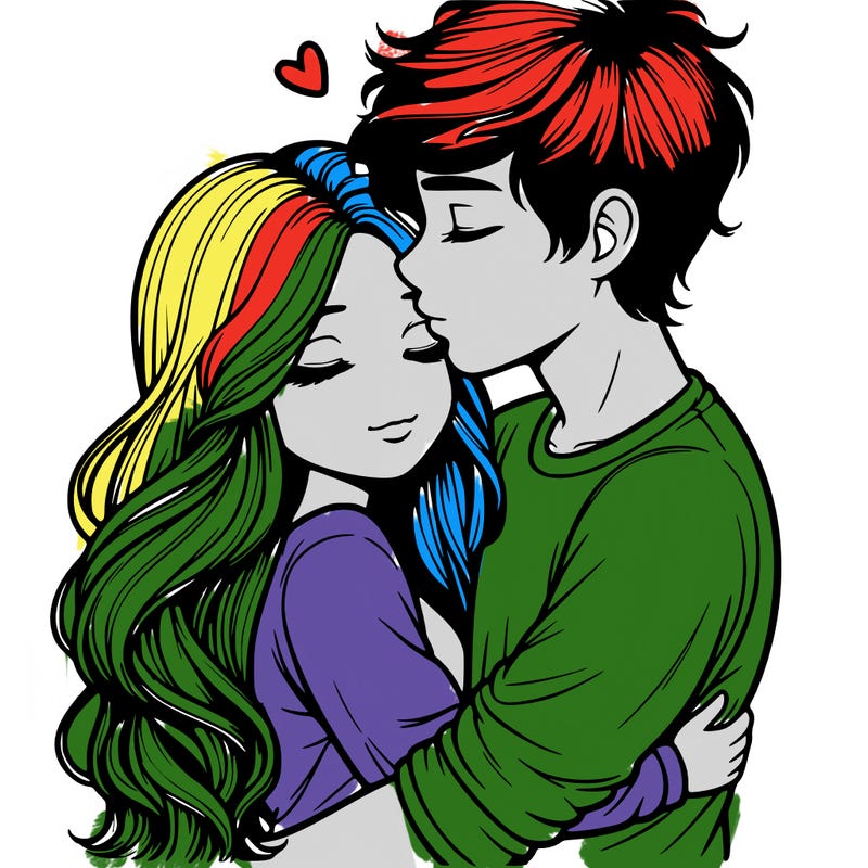 a realistic couple boy and girl hugging and kissing
