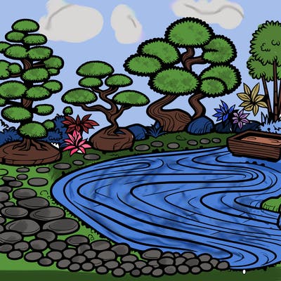 a serene zen garden with raked gravel, bonsai trees, and tranquil ponds