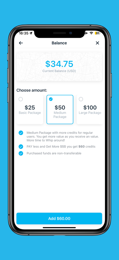 Whip Rideshare - The balance screen of the Whip Rideshare app showing current credit and available top-up packages.