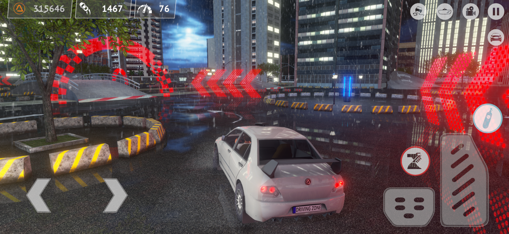 Driving Zone - A white sports car racing through a rainy city at night in Driving Zone.