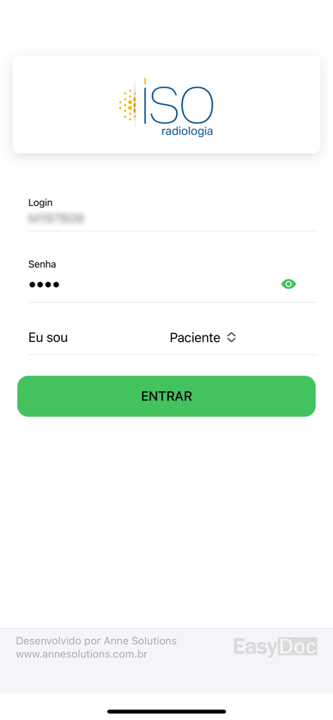 Tela de login do aplicativo Iso Easy Doc para pacientes acessarem resultados de radiologia