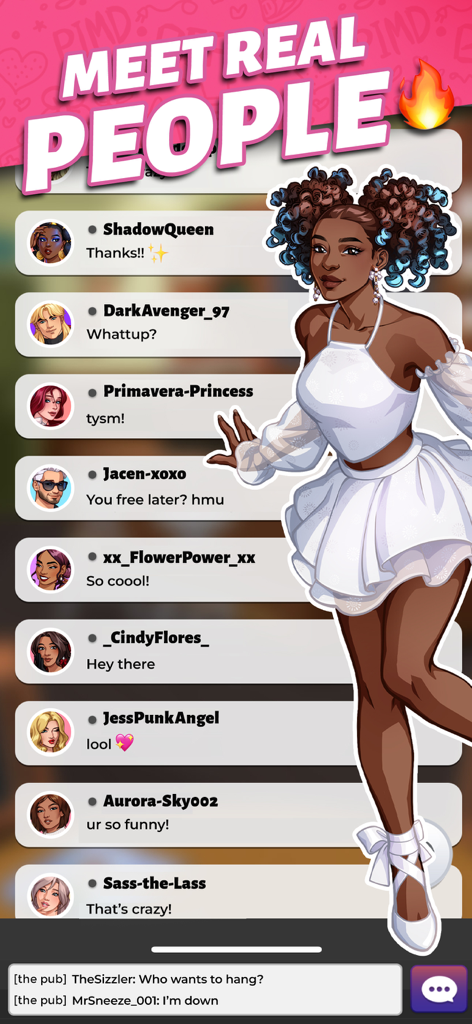 Party in My Dorm: Campus Life - A chat interface from the Party in My Dorm app featuring various user avatars and the headline Meet Real People.