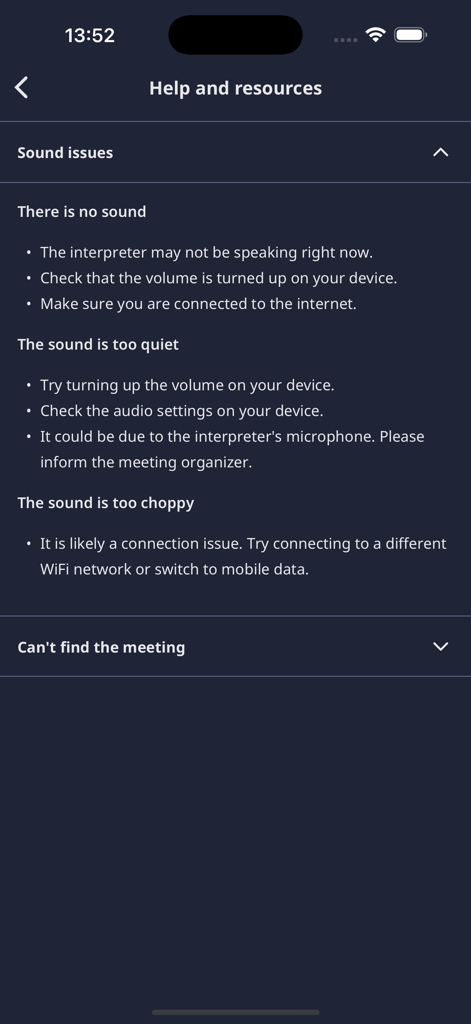 Interactio - Interactio app help and resources screen showing sound troubleshooting tips