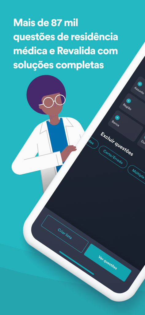 Estratégia MED app interface showing medical residency and Revalida question filters with an illustrated doctor.