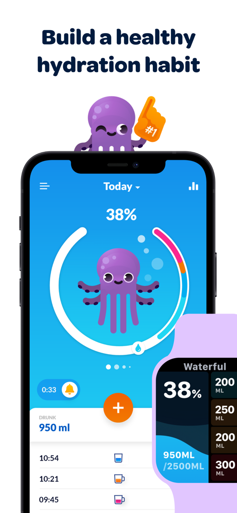 Waterful® Drink water tracker - Waterful app interface on iPhone and Apple Watch showing hydration goal progress with an octopus mascot.