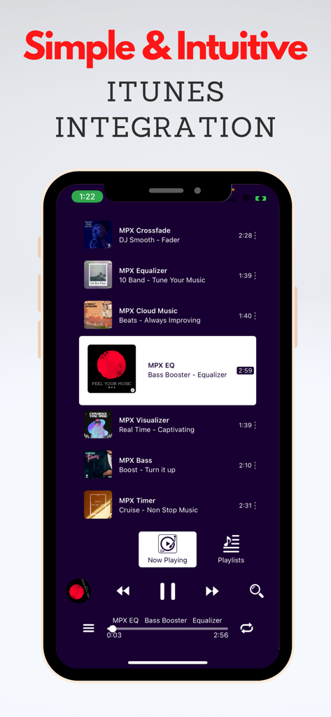 Music Player X : Equalizer - Music Player X app interface showing iTunes integration and music library on an iPhone