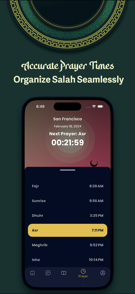 Mobile app interface showing accurate Islamic prayer times and a countdown for Salah