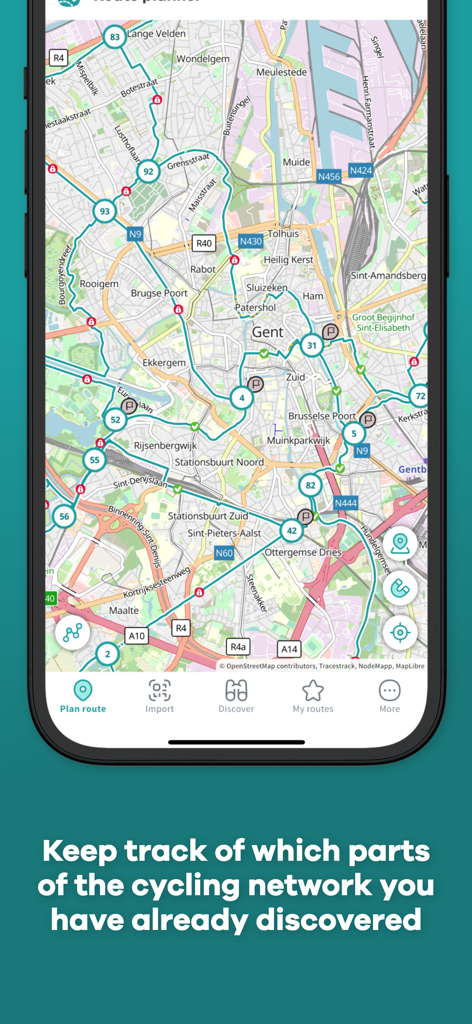 NodeMapp Bike - A mobile app screen displaying a cycling route map with nodes and a caption about tracking discovered parts of the network.
