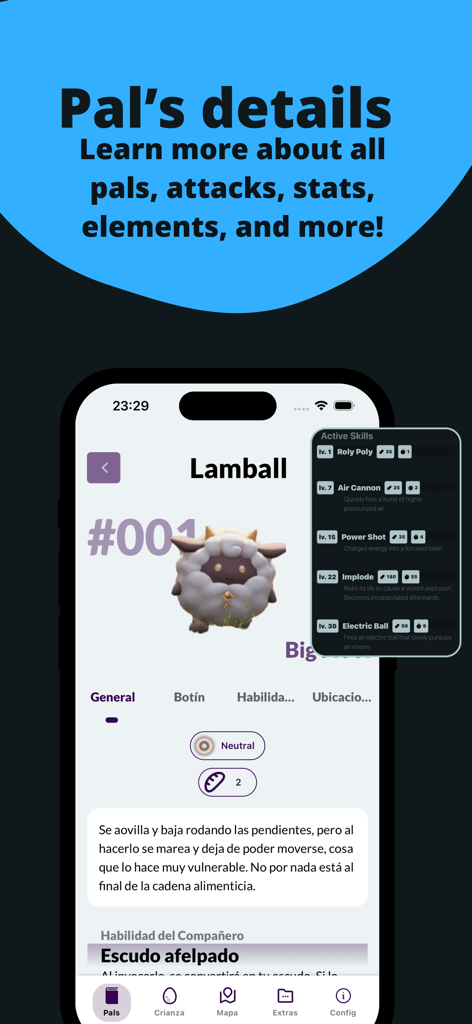 Paltopia: Pal tools & Map - Paltopia app screen displaying details and skills for a Pal called Lamball