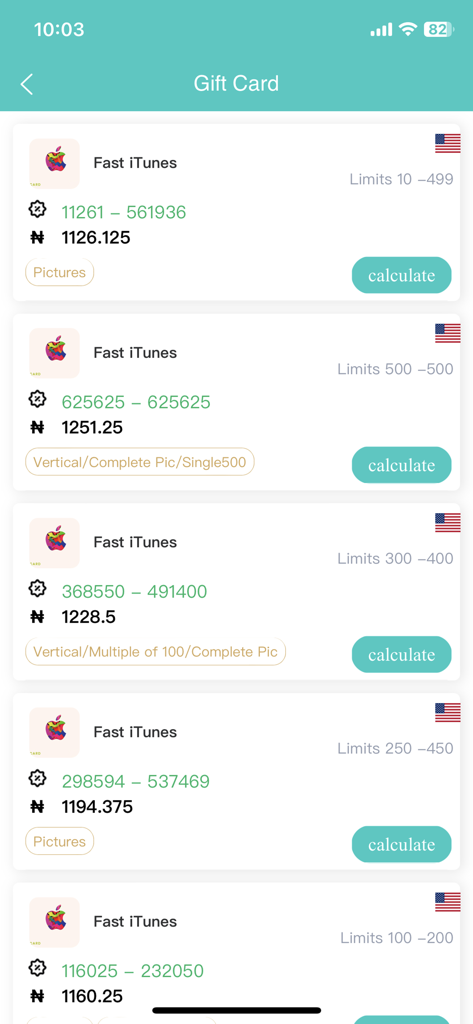 Mobile app screen showing a list of iTunes gift card exchange rates with price limits and calculation buttons