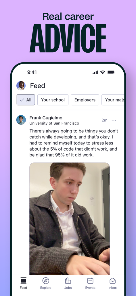 Handshake mobile app feed displaying real career advice from a university student
