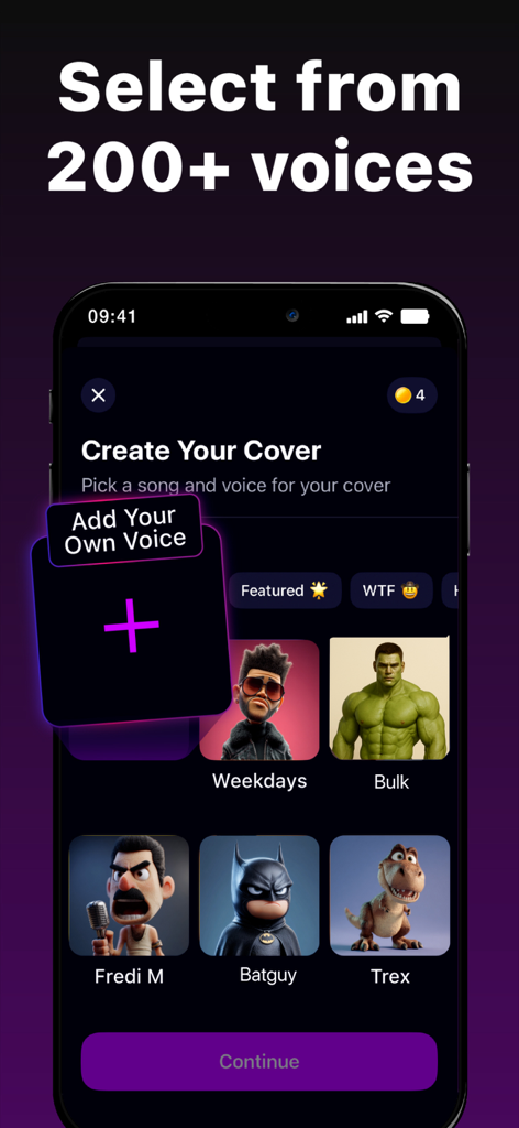 A smartphone screen displaying various AI voice categories and characters for music covers.