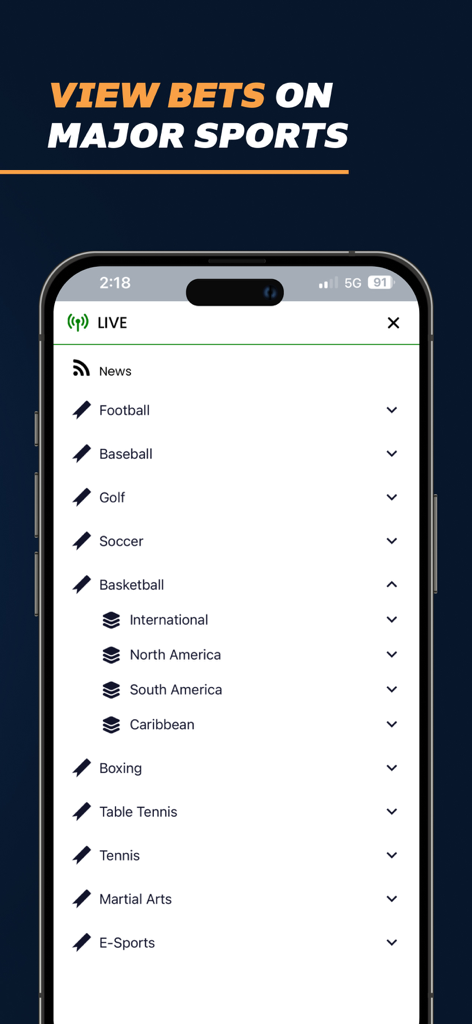 BetMaker™ Sports Odds - BetMaker app menu showing sports categories like football basketball and soccer