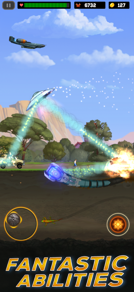 Death Worm™ Deluxe - Death Worm Deluxe gameplay showing a mechanical worm battling a UFO and military vehicles