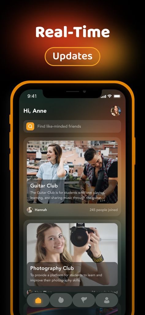 Haven app interface showing real-time updates and student interest clubs like Guitar and Photography.