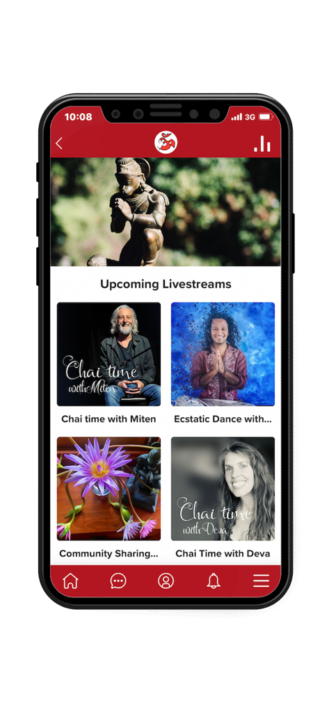 Screenshot of the Gayatri Sangha app showing upcoming livestreams with Deva and Miten