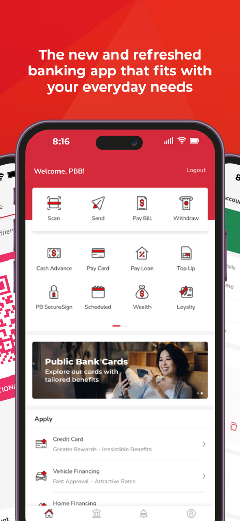 MyPB mobile banking app home screen showing dashboard icons and promotional banners