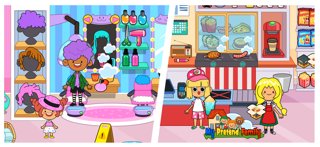 Split screen showing characters in a hair salon and a snack bar in the My Pretend Home and Family app