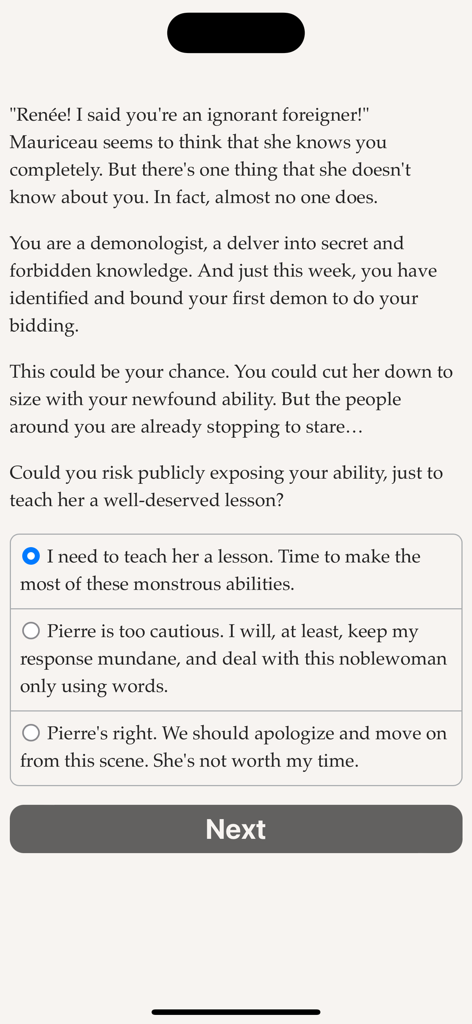 Revolution Diabolique - Captura de tela do jogo de texto Revolution Diabolique mostrando o texto da história e três opções de escolha interativas para o jogador.