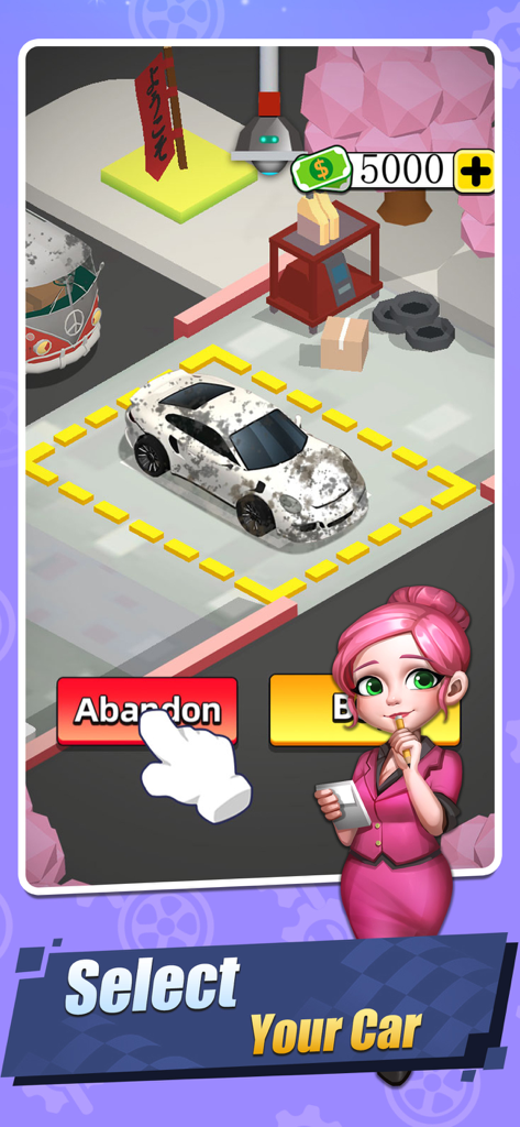Car Fix Inc - Mechanic Garage - A selection screen in Car Fix Inc showing a dirty white car in a mechanic garage with a character guide.