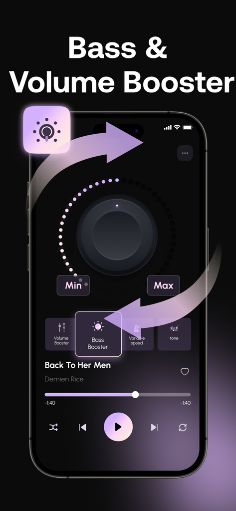 Sound Boost: Enhance & Isolate - Interface of Sound Boost app showing bass and volume booster controls on an iPhone