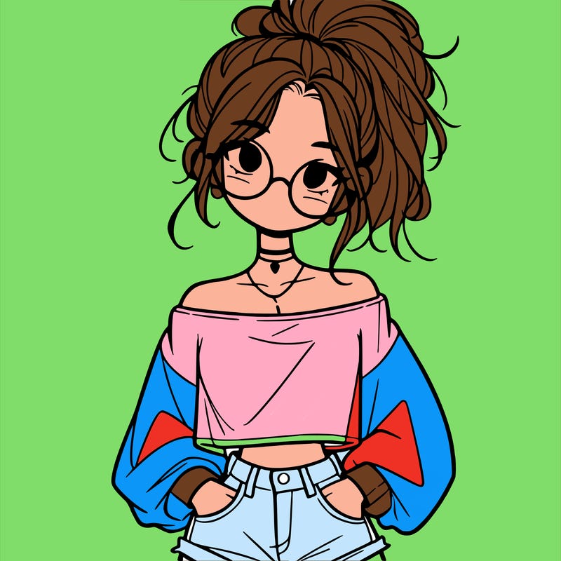 girl with a messy ponytail glasses a baggy crop top and jean shorts