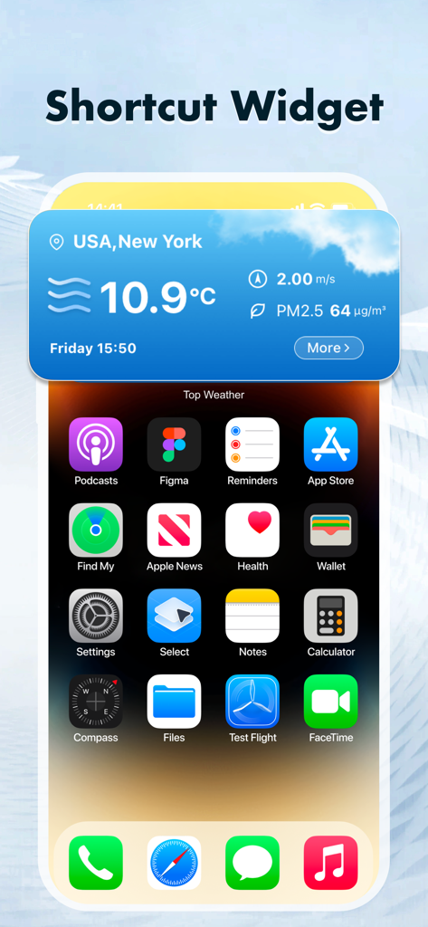 Weather Channel & Forecast - ニューヨークの気温と大気質データが表示された天気予報チャンネルアプリのショートカットウィジェットが表示されたiOSホーム画面