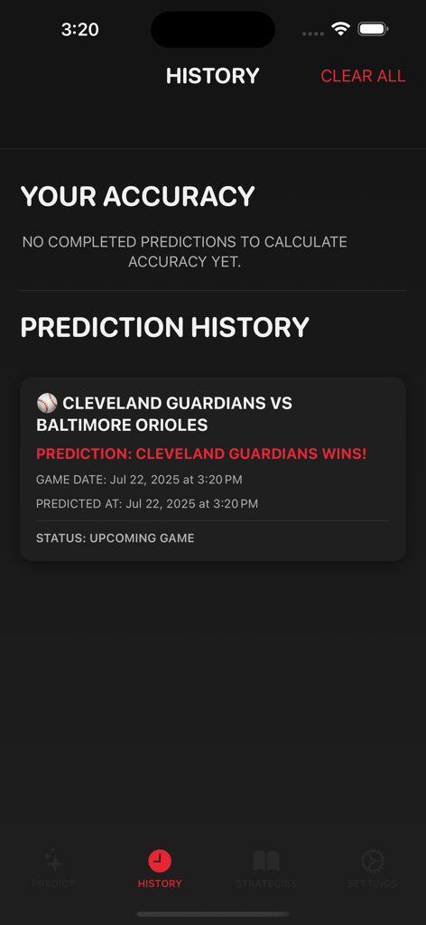 ai Sports Betting - Interface of the Sports AI Predictor app showing the prediction history for a baseball game and user accuracy tracking.