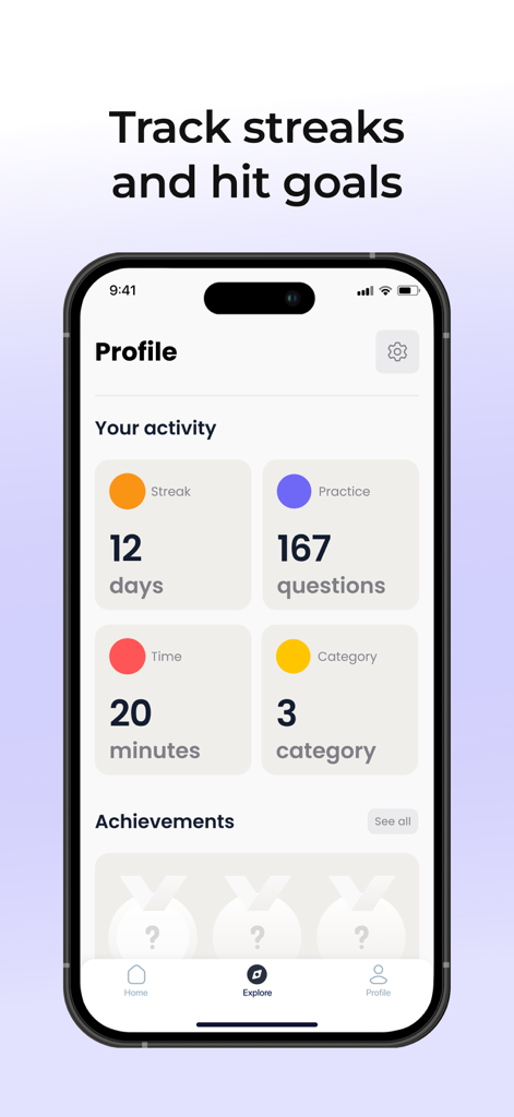 MyGrowth app profile screen showing daily activity stats including streaks and practice questions