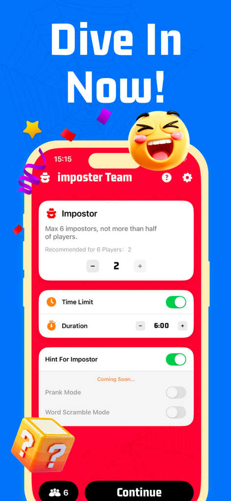 Imposter Spy Game - WhoIsSpy - Interfaz de la aplicación móvil WhoIsSpy que muestra la configuración del juego para el equipo del impostor con opciones personalizadas