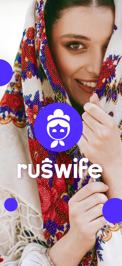 RusWife - Russian women - Startbildschirm der RusWife Dating-App mit einer Frau in einem traditionellen slawischen Schal