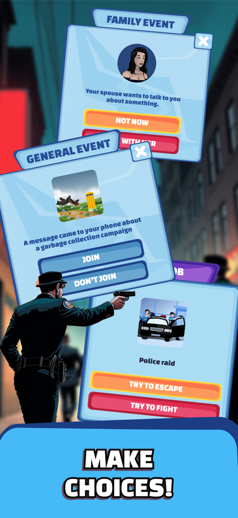 Interface of Mafia Life showing multiple choice-based events like family talks and police raids