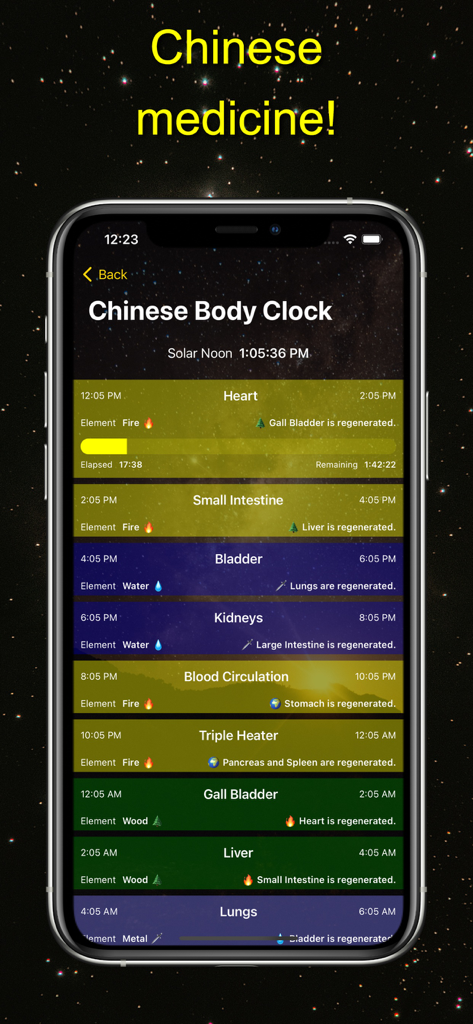 EzoManager – esoteric planner - EzoManager app interface displaying the Chinese Body Clock with organ activity cycles and elements