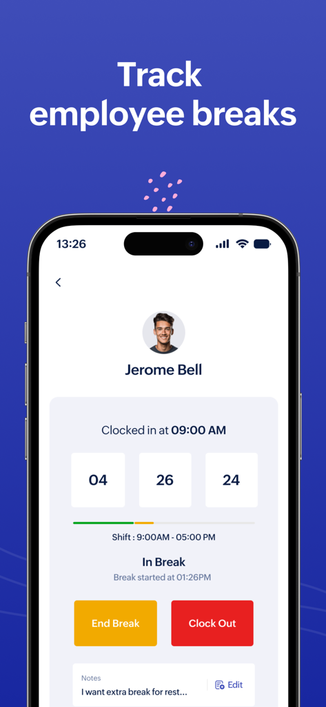 Zoho Shifts Kiosk app interface showing an employee in break status with options to end break or clock out.