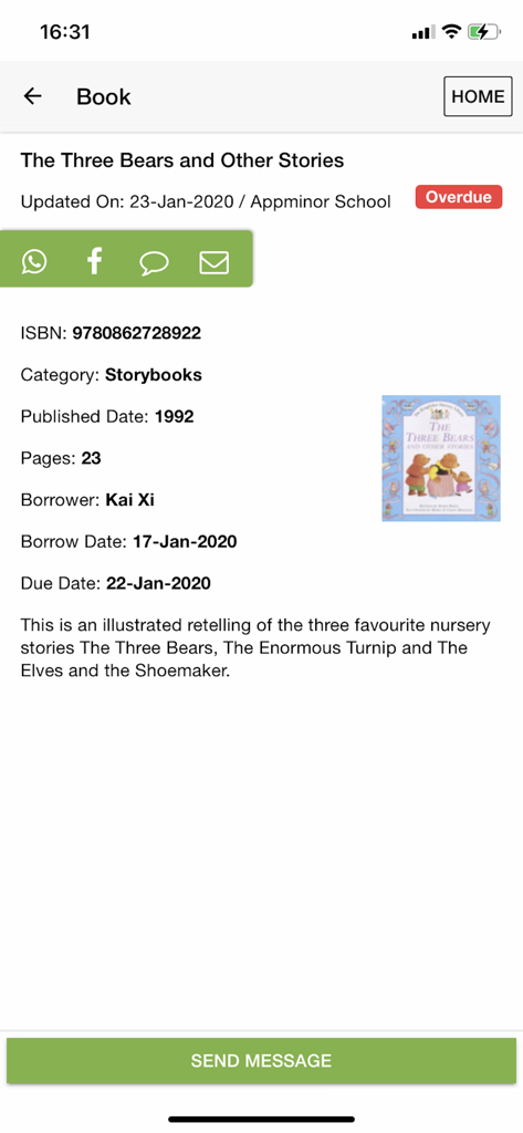 School2me - Mobile app interface showing borrowed book details with an overdue status alert.