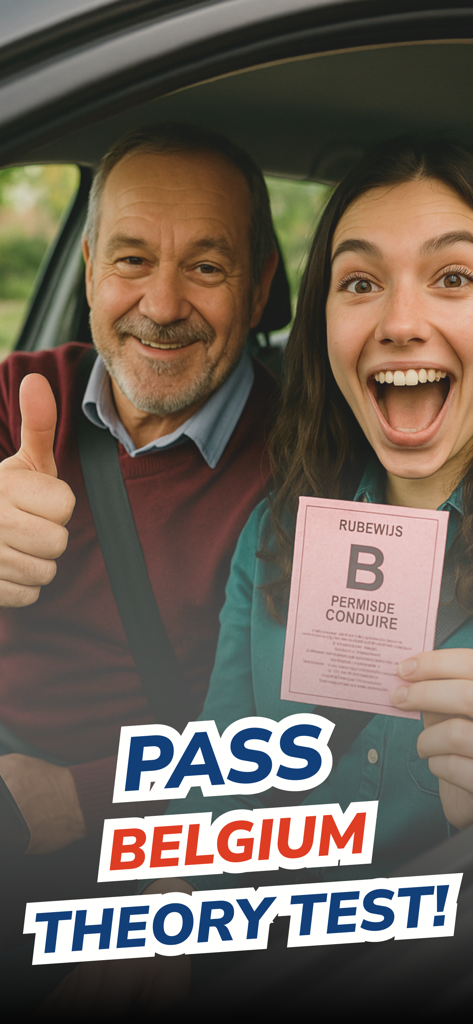 Permis Online - A young woman celebrates passing her Belgian driving theory test by holding her new permit alongside a supportive instructor.