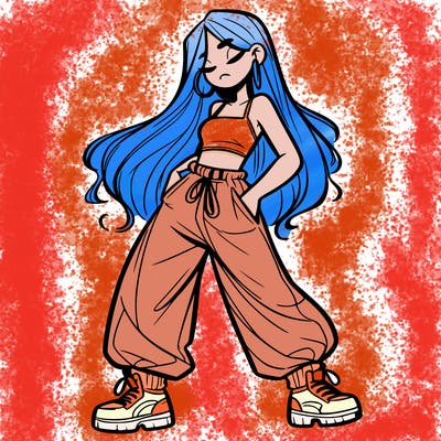 girl in baggy pants crop top and long hair