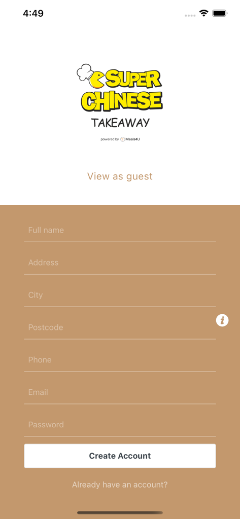 Super Chinese Takeaway - User registration screen for the Super Chinese Takeaway app featuring fields for full name, address, contact details and a create account button.
