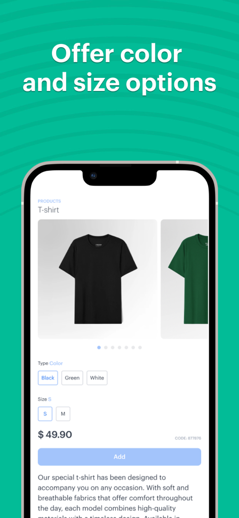 Kyte: POS, Inventory and Store - Kyte mobile app showing product variations for color and size in an online catalog.