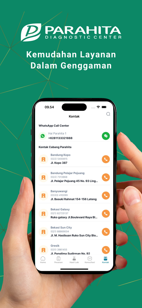 Hai Parahita - Hai Parahita mobile app contact screen showing a list of medical laboratory branches and WhatsApp support information